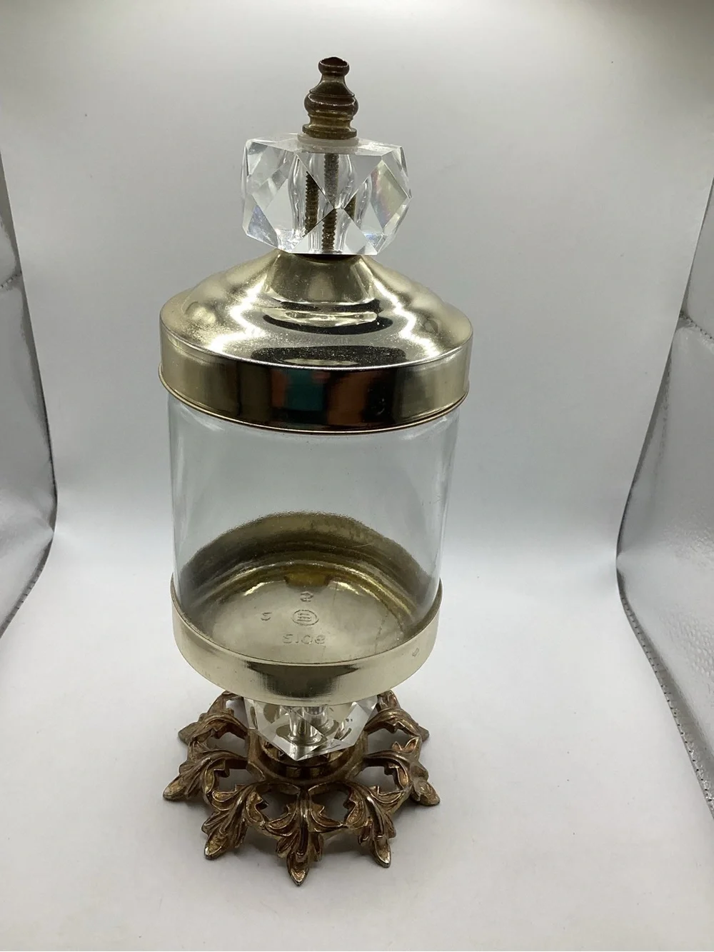 Decorative Apothecary Glass Jar with Gold-Tone Accents and Crystal Finial